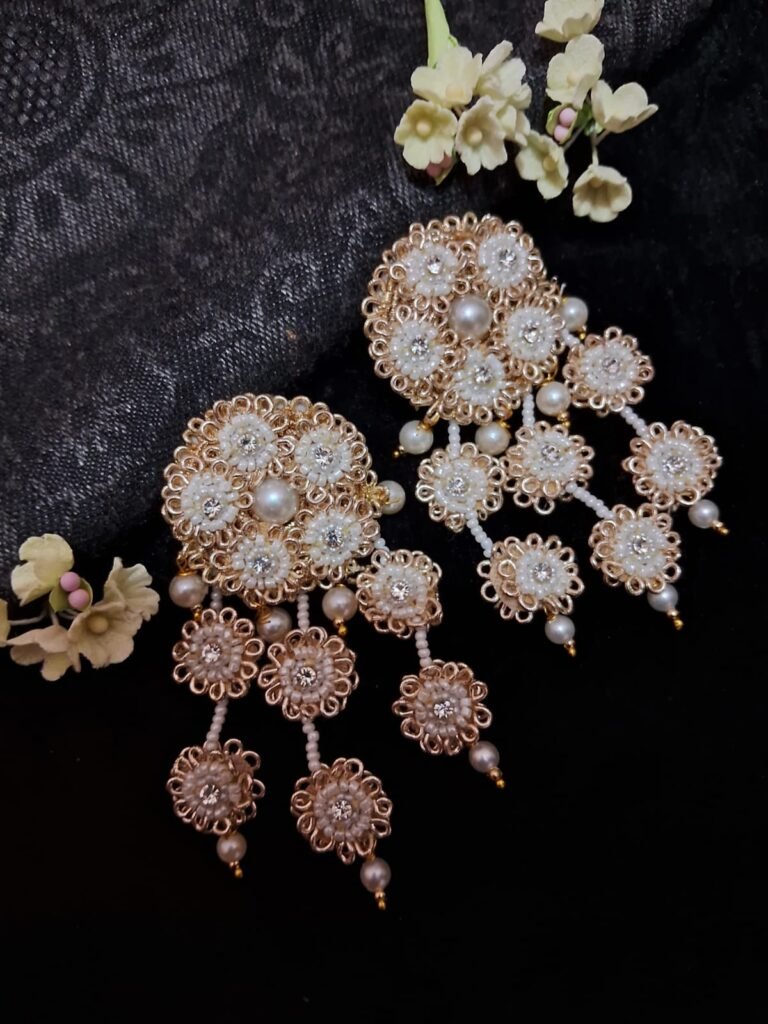 White & Gold Dabka Work Handmade Earrings