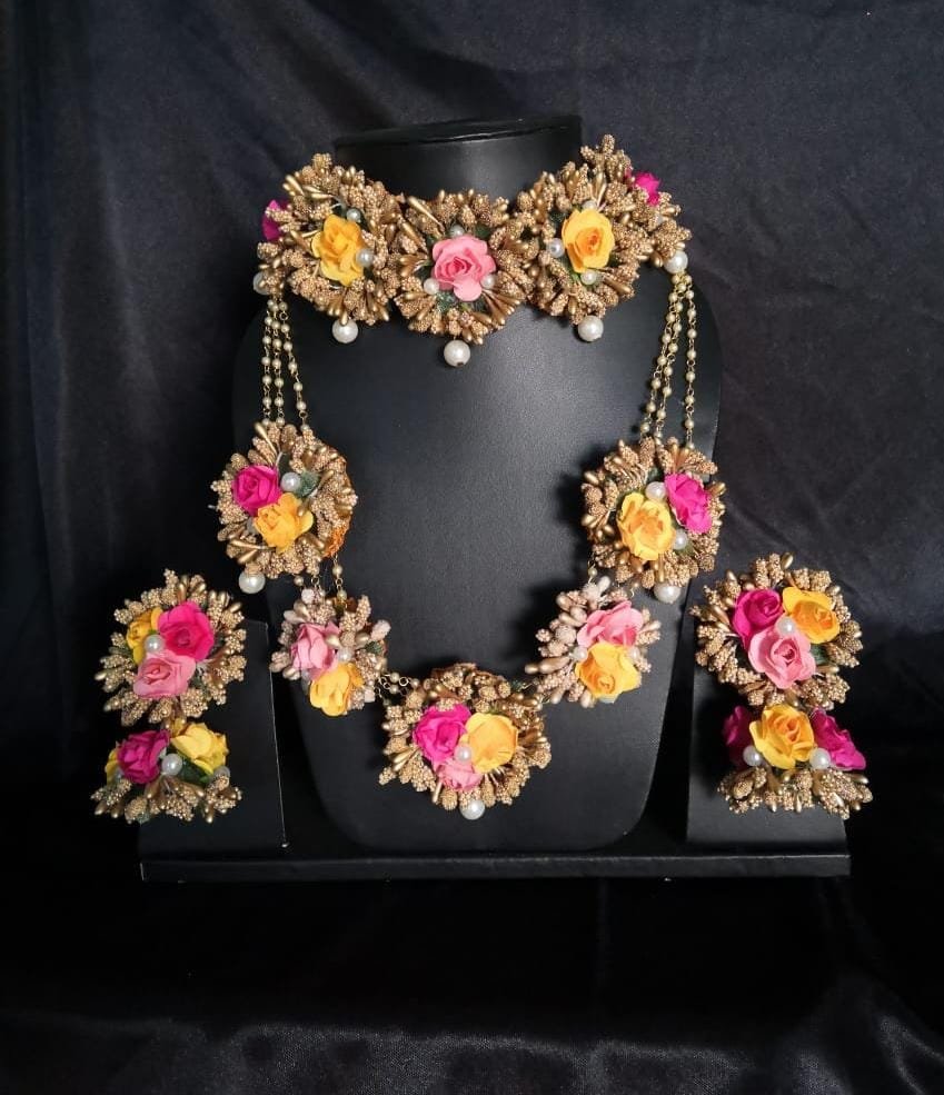 Pink Yellow Flower Set Double Necklace