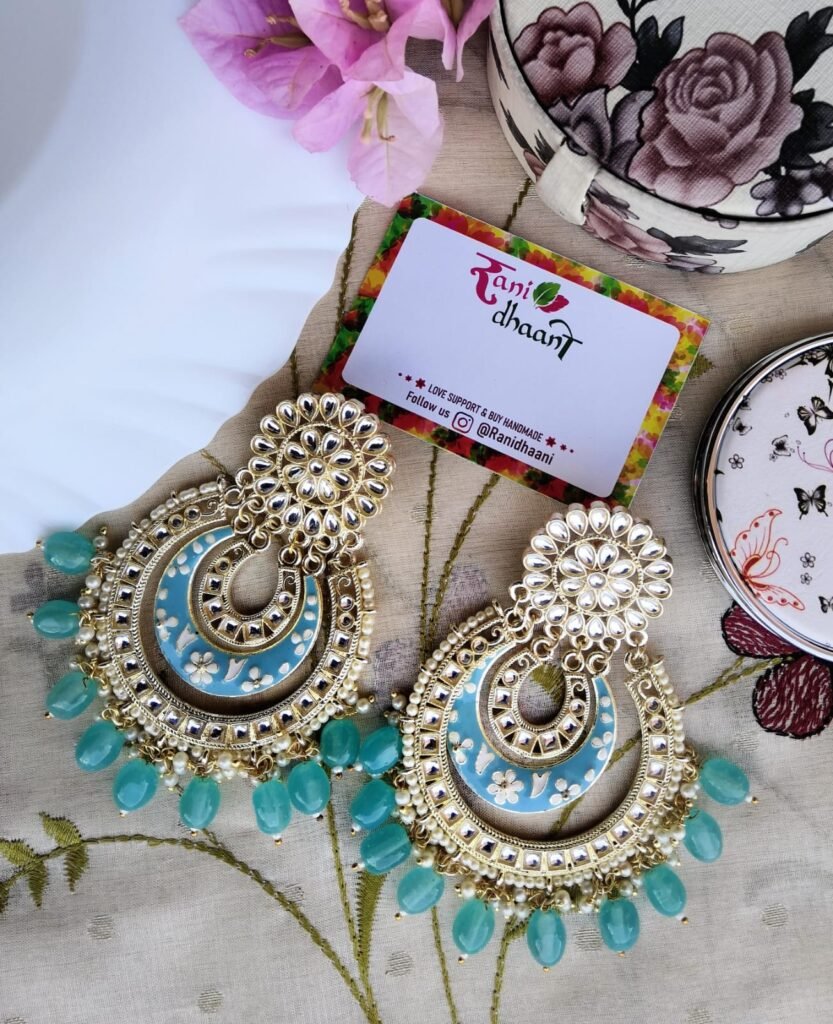 Kundan Chand Baali Light Blue Earrings