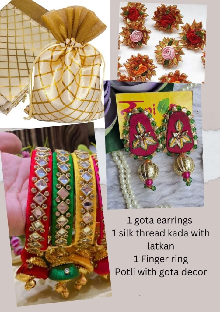2 combo- silk thread kada , gota work earrings and gota work finger ring with potli bag